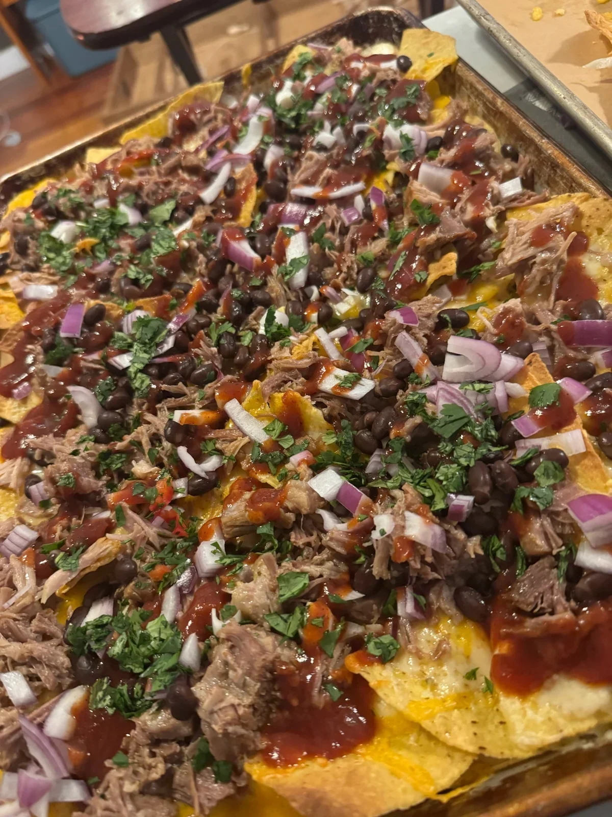 BBQ Pork & Black Beans nachos from our kitchen